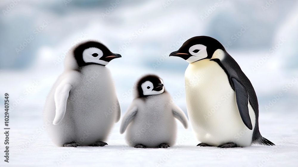 Naklejka premium Emperor penguins nurture their chick on a serene ice landscape in a timeless black and white moment
