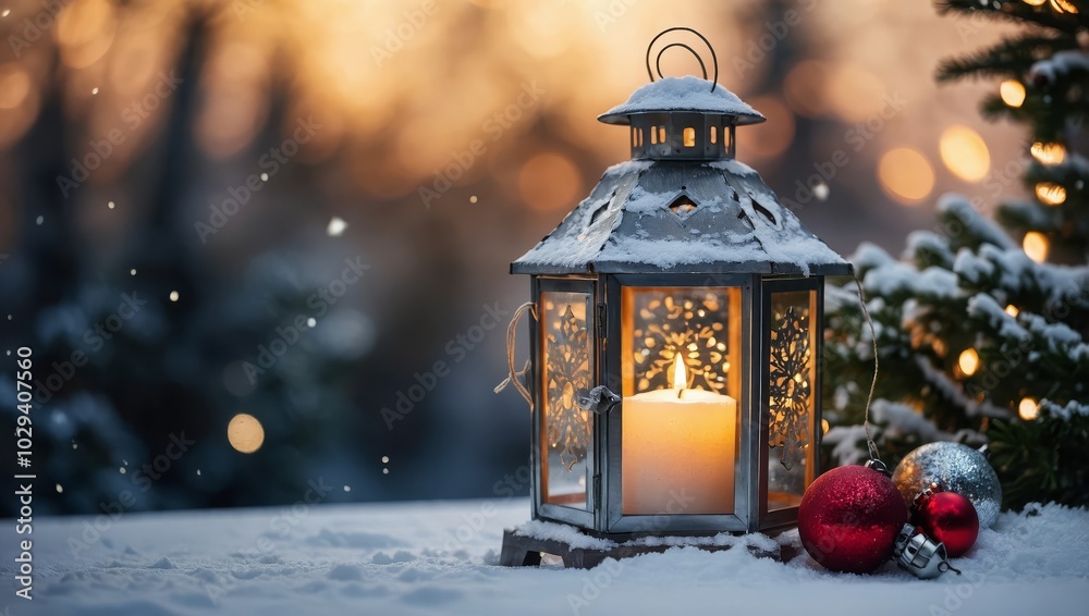 Christmas Lantern On Snowy Table With Fir Branches And Ornaments Christmas Lantern On Snowy Table With Fir Branches And Ornaments