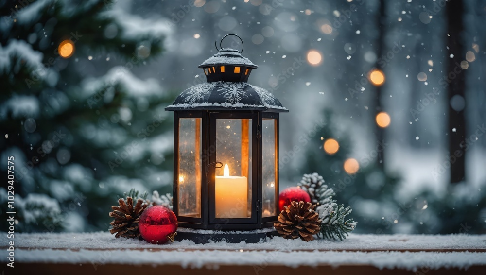 Christmas Lantern On Snowy Table With Fir Branches And Ornaments Christmas Lantern On Snowy Table With Fir Branches And Ornaments