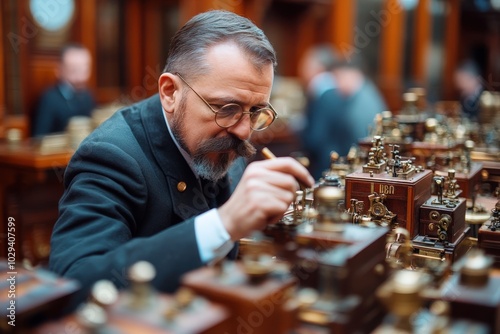 An engineer in vintage attire intensely examines an intricate device, reflecting the intersection of historical craftsmanship and scientific precision in a bygone era. photo