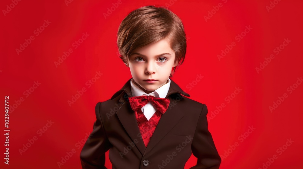 Charming young boy in formal suit and bow tie with serious expression on vibrant red background Charming young boy in formal suit and bow tie with serious expression on vibrant red background