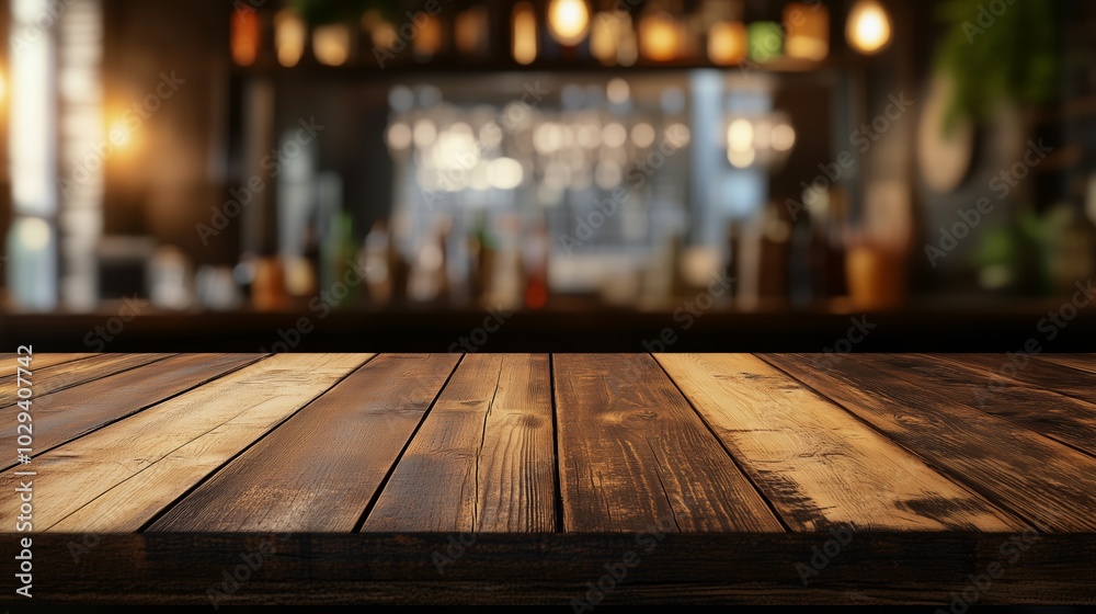 Wooden tabletop in a cozy bar setting with a blurred background of bottles and warm lighting Wooden tabletop in a cozy bar setting with a blurred background of bottles and warm lighting