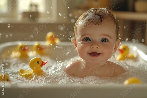 A joyful baby splashes in a bubbly bath with rubber ducks floating around.