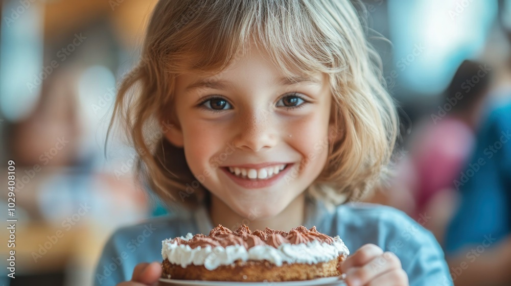 A young boy smiles happily at the camera while holding a piece of chocolate cake in front of him. A young boy smiles happily at the camera while holding a piece of chocolate cake in front of him.