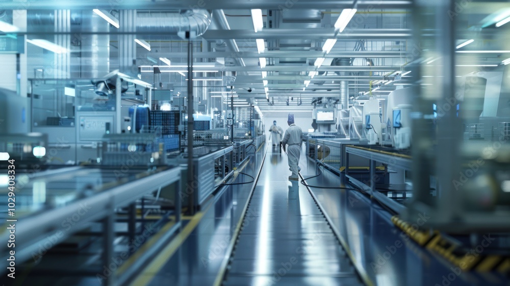 Factory Interior with Workers and Conveyor Belt Factory Interior with Workers and Conveyor Belt