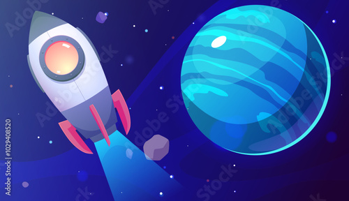Vector illustration of a rocket flying against the background of a cosmic starry sky