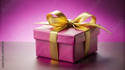 Pink gift box with golden ribbon on pink background