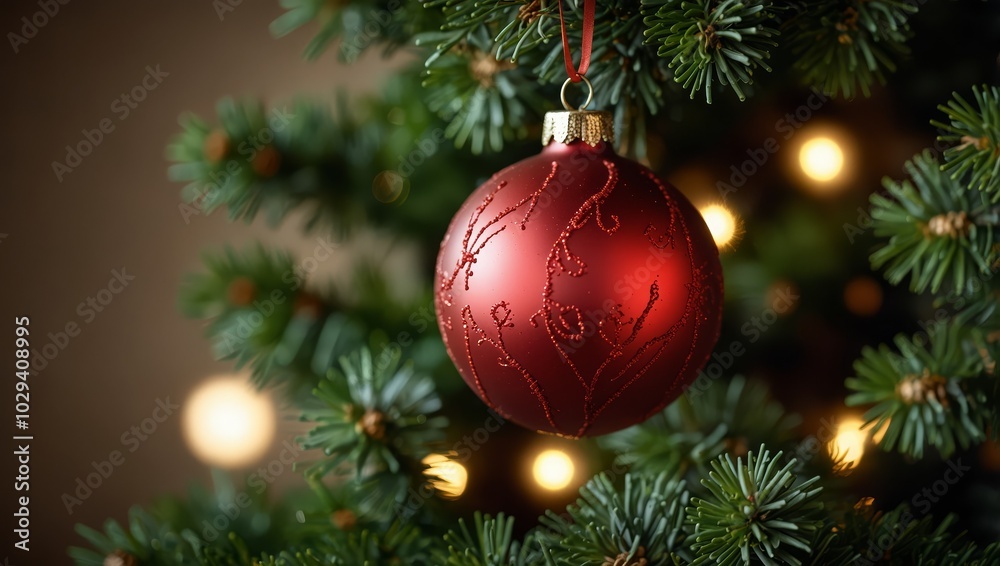 Closeup of red bauble hanging from Christmas tree Closeup of red bauble hanging from Christmas tree