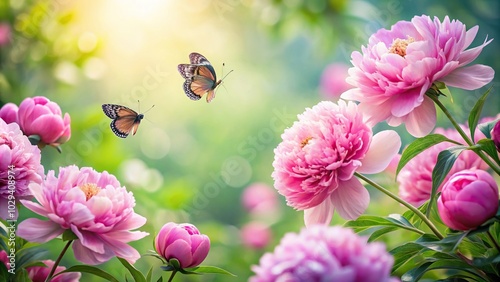 Fototapeta Naklejka Na Ścianę i Meble -  Pink peonies and butterflies in garden