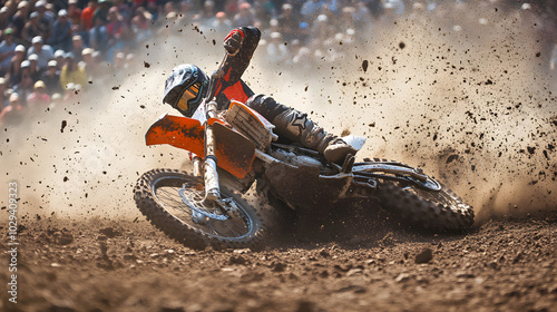 A motocross rider taking a hard fall during a race their bike tumbling over in the dirt as the crowd gasps.