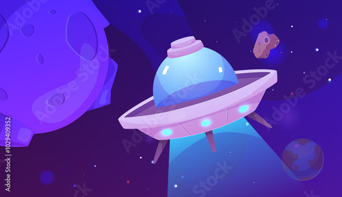 Vector illustration with UFO spaceship, stars, planet and asteroids.