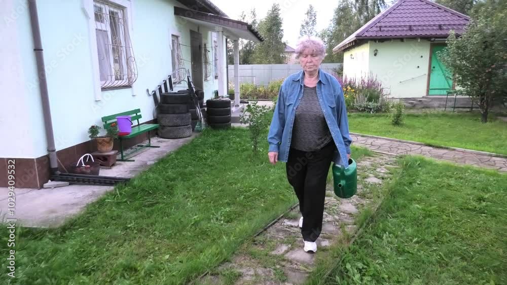 An elderly woman walks with a watering can in her hand along a paved path in summer, front view