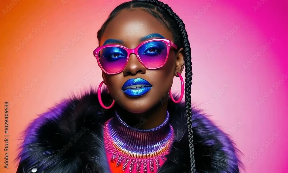 The captivating model showcases a unique style with striking makeup and accessories, exuding confidence against a richly colored backdrop, creating an unforgettable visual experience