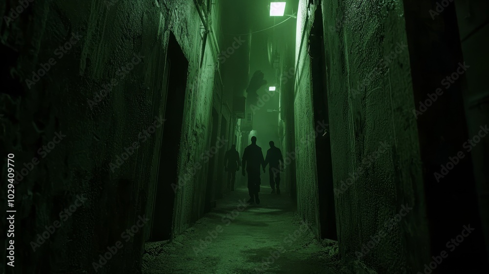 Dystopian Urban Noir: Eerie Alley with Flickering Streetlights and Shadowy Figures - A Cinematic Representation of Fear and Uncertainty in Society Dystopian Urban Noir: Eerie Alley with Flickering Streetlights and Shadowy Figures - A Cinematic Representation of Fear and Uncertainty in Society