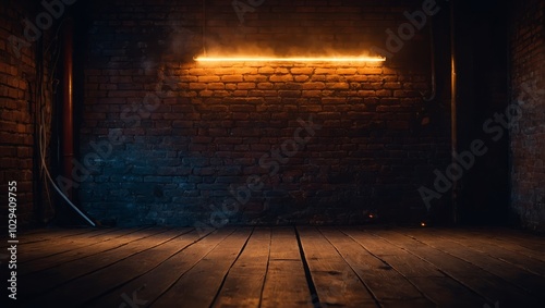 Dark basement room, empty old brick wall, sparks of fire and light on the walls and wooden floor. Dark background with smoke and bright highlights. neon lamps on the wall, night view