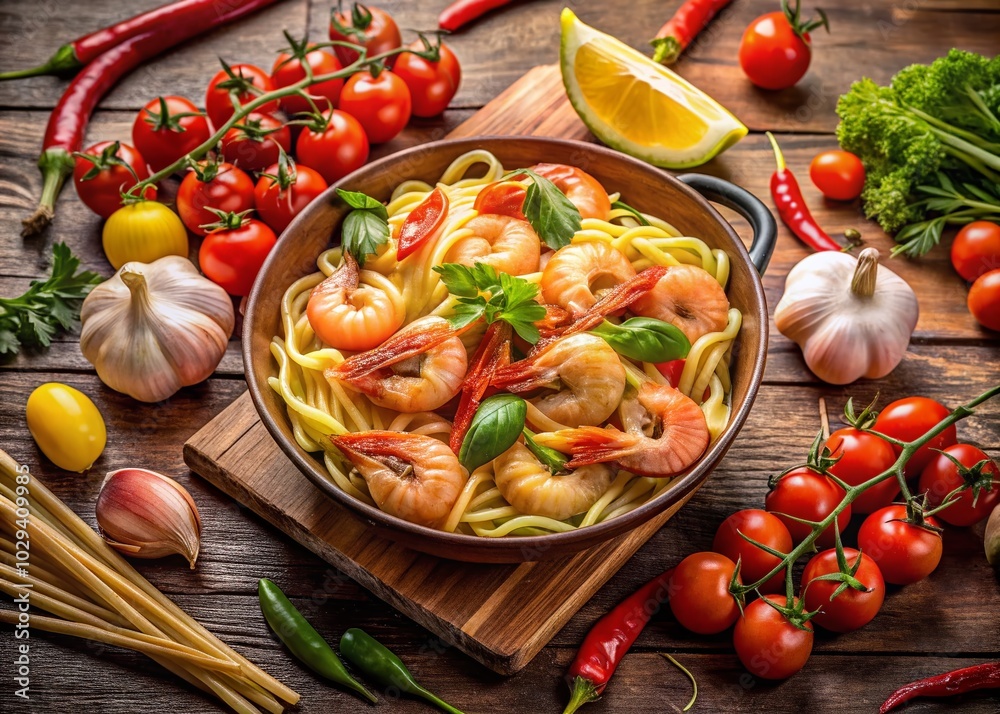Italian Pasta with Shrimps and Vegetables on Rustic Wooden Background Italian Pasta with Shrimps and Vegetables on Rustic Wooden Background