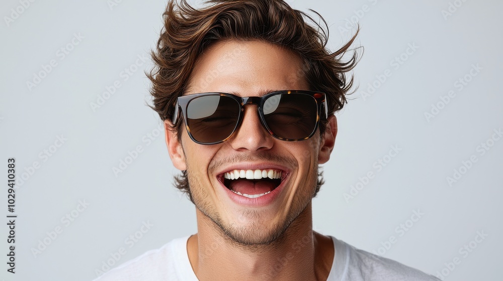 A young man smiles broadly while wearing stylish sunglasses, against a simple, light background A young man smiles broadly while wearing stylish sunglasses, against a simple, light background