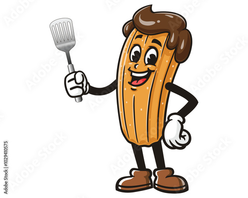 Churros with Spatula, Cartoon Mascot Illustration Character Vector Clip-art Hand-drawn Logo Design