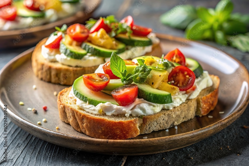 Plate of bruschetta with cream cheese and avocado on table at tilted angle Plate of bruschetta with cream cheese and avocado on table at tilted angle