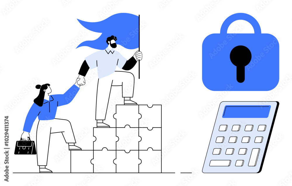 Two individuals holding hands climb up puzzle blocks with a flag. There is a blue lock and calculator nearby. Ideal for business teamwork, security, financial planning, goal achievement Two individuals holding hands climb up puzzle blocks with a flag. There is a blue lock and calculator nearby. Ideal for business teamwork, security, financial planning, goal achievement