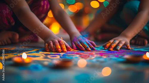 Kids enjoy doing rangoli for Diwali photo