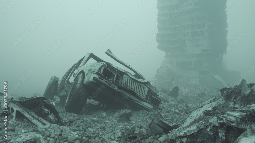Fototapeta premium Dystopian Remnants: Abandoned Technological Wasteland Reflecting Consequences of Unchecked Progress