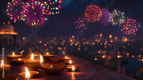 Colorful Fireworks Dance in the Night Sky Above a Balcony Adorned with Warm Glowing Diyas