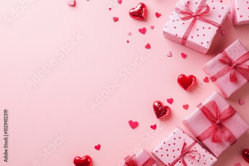 Elegant Valentine's Day gift arrangement with pink polka-dot boxes and red hearts on a soft pink background. With copy space for text.