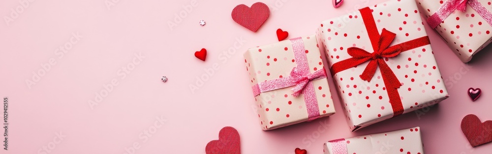 Valentine's Day gift arrangement with pink polka-dot boxes and delicate hearts on soft pink background. With copy space for text. Wide web banner. Valentine's Day gift arrangement with pink polka-dot boxes and delicate hearts on soft pink background. With copy space for text. Wide web banner.