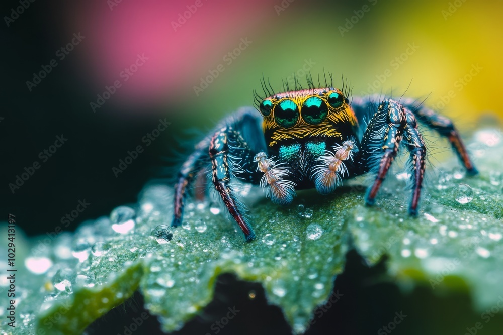 Close-up of a vibrant jumping spider on a dewy leaf Close-up of a vibrant jumping spider on a dewy leaf