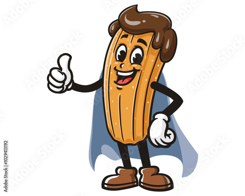 Churros with Caped Superhero style, Cartoon Mascot Illustration Character Vector Clip-art Hand-drawn Logo Design
