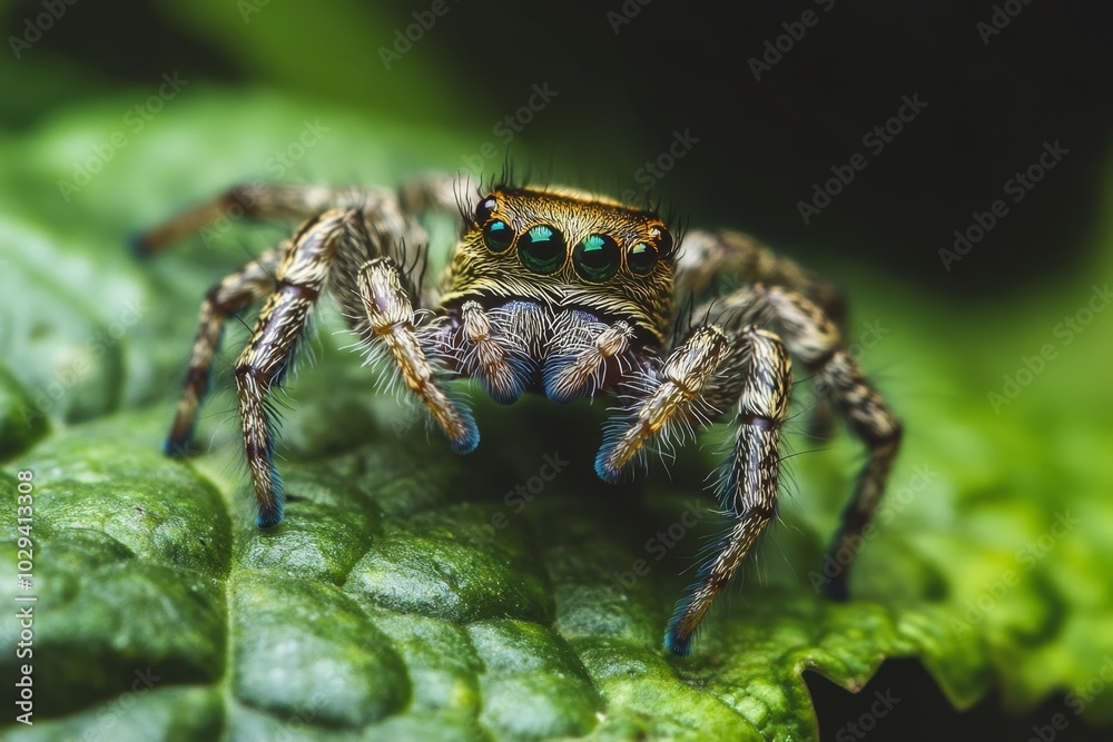Jumping spider perched on a green leaf in macro detail Jumping spider perched on a green leaf in macro detail