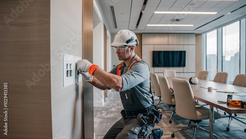 Electrician Installing Outlets in a Modern Conference Room