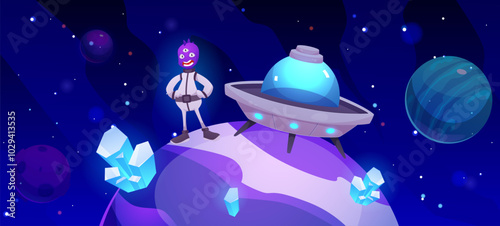 Vector illustration with cute aliens landing on their flying saucer on a planet with crystals