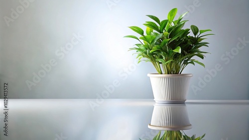 Potted plant with green leaves and white pot against white background