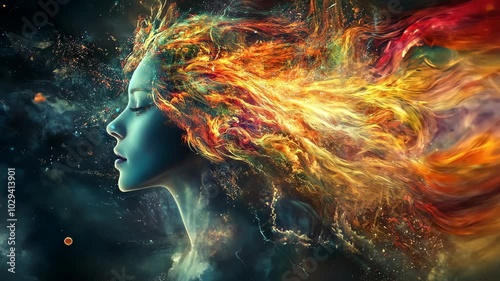 A woman with fiery hair stands before a galaxy of stars
