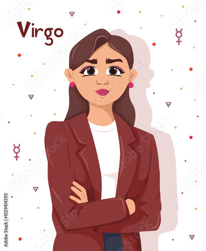 Beautiful girl in a jacket on a white background. Concept of esotericism and zodiac signs. Virgo zodiac sign
