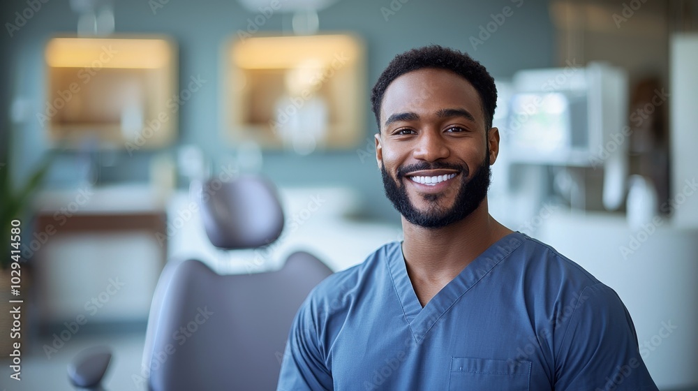 Smiling dentist in a modern clinic showcasing patient care and professional expertise in oral healthcare Smiling dentist in a modern clinic showcasing patient care and professional expertise in oral healthcare