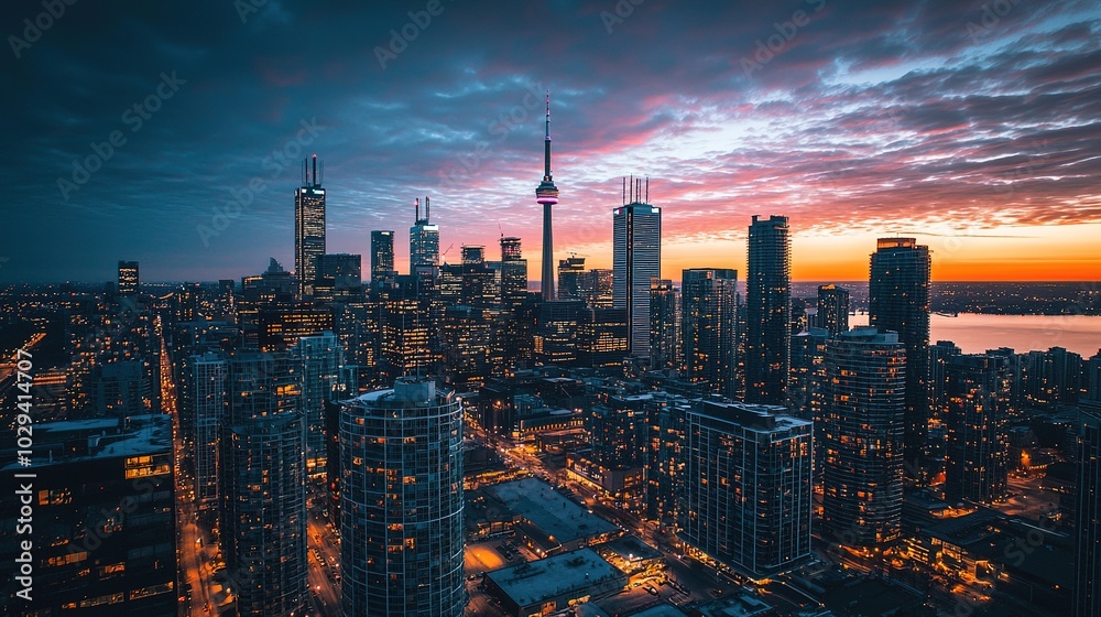 A stunning twilight cityscape of Toronto, showcasing skyscrapers against a vibrant sky with illuminating lights reflecting on the water. A stunning twilight cityscape of Toronto, showcasing skyscrapers against a vibrant sky with illuminating lights reflecting on the water.