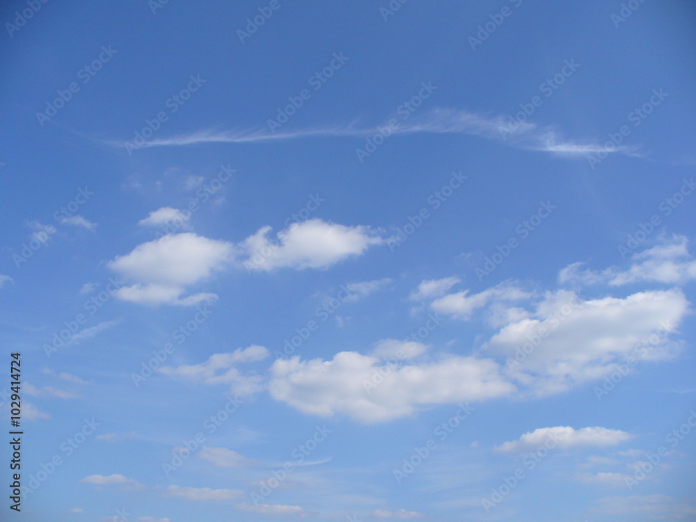 Fototapeta premium Blue clear sky with small white clouds - natural background. Topics: weather, meteorology, atmosphere, air space, day