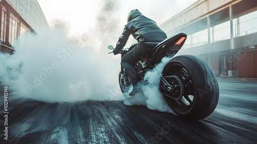 A motorcycle rider doing a burnout on an empty industrial street smoke rising from the rear tire.