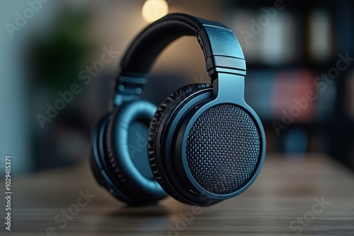 A pair of stylish black headphones on a wooden surface, designed for audio enjoyment.