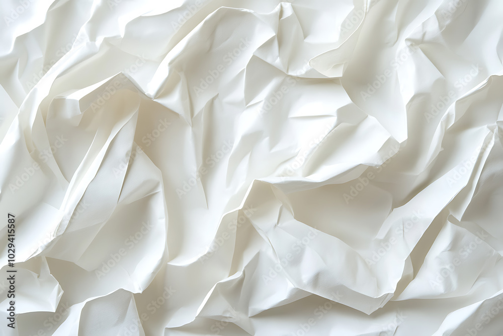 Detailed close-up of a crumpled white paper texture, showcasing chaotic folds and intricate creases, ideal for backgrounds, design projects, or texture overlays.
Detailed close-up of a crumpled white paper texture, showcasing chaotic folds and intricate creases, ideal for backgrounds, design projects, or texture overlays.