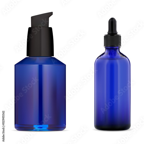 Cosmetic serum pipette bottle vector mock up. Facial skin collagen spray and drip template, medicine care beauty liquid. Airless pump dispenser mockup for aromatherapy and perfume