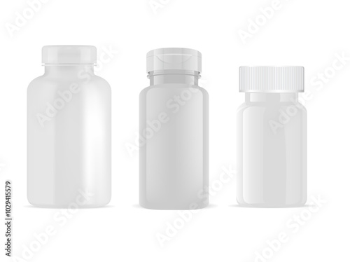 White supplement bottle mockup. Medical pill jar design, vector container template. Prescription drug package blank, antibiotic pharmacy can. Gummy vitamin vial without label