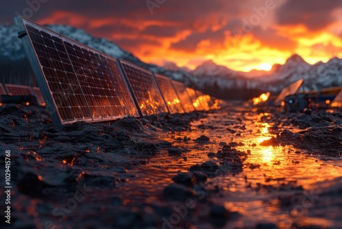 Solar panels glisten under a vivid sunset against rocky mountains, highlighting renewable energy's harmony with nature and the promise of sustainable technology. photo