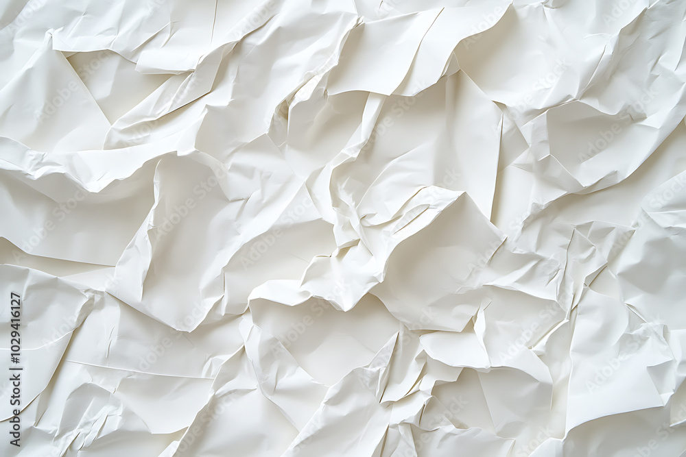 Obraz premium Detailed close-up of a crumpled white paper texture, showcasing chaotic folds and intricate creases, ideal for backgrounds, design projects, or texture overlays. 