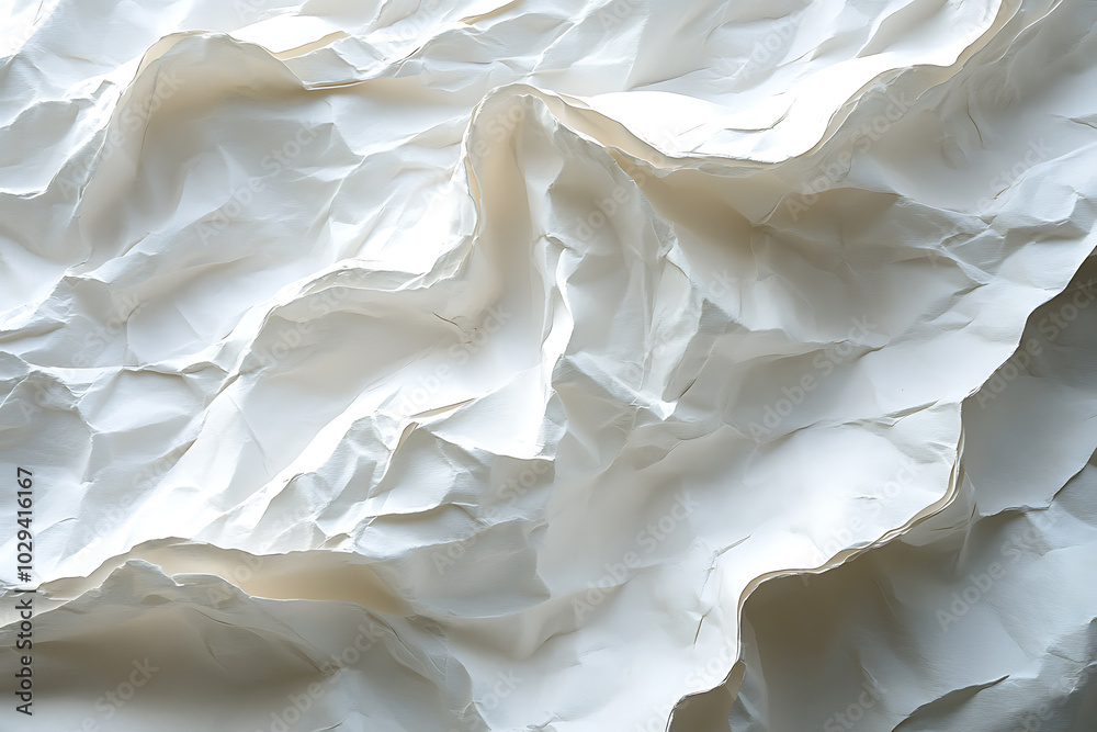 Obraz premium Detailed close-up of a crumpled white paper texture, showcasing chaotic folds and intricate creases, ideal for backgrounds, design projects, or texture overlays. 