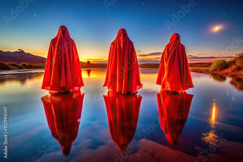 Radiant red draped ghosts glowing against a twilight desert backdrop with shimmering reflections photo