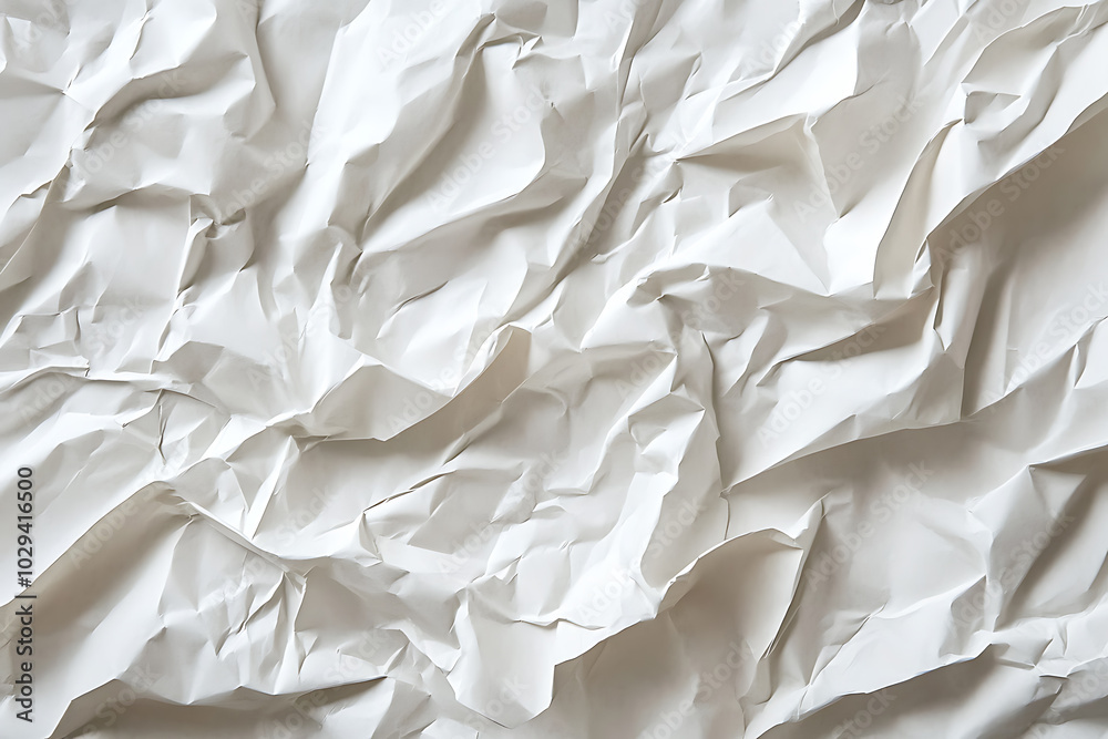 Obraz premium Detailed close-up of a crumpled white paper texture, showcasing chaotic folds and intricate creases, ideal for backgrounds, design projects, or texture overlays. 